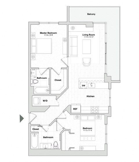 Floor plan for 2 beds, 2 baths, 1090 sqft